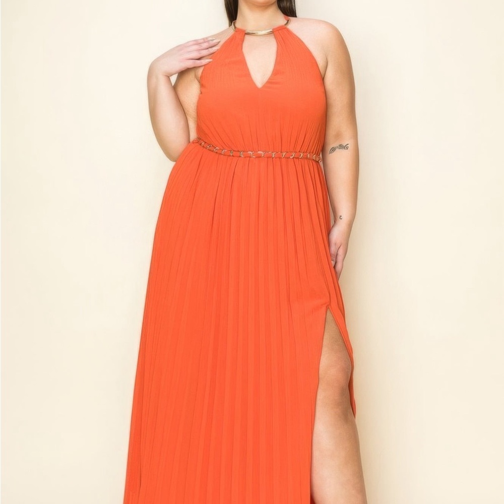 Chiffon Pleated Gold Trim & Belt Cut Out Maxi Dress
